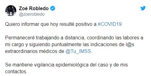 Zoé Robledo, titular del IMSS, da positivo a COVID-19