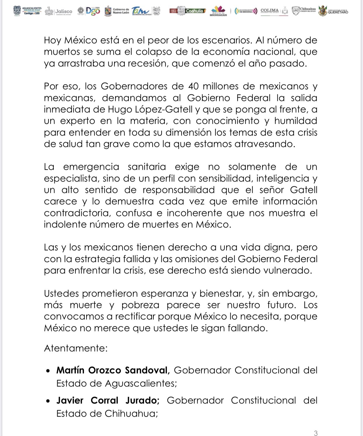 Gobernadores piden renuncia de López-Gatell, Alfaro firmó