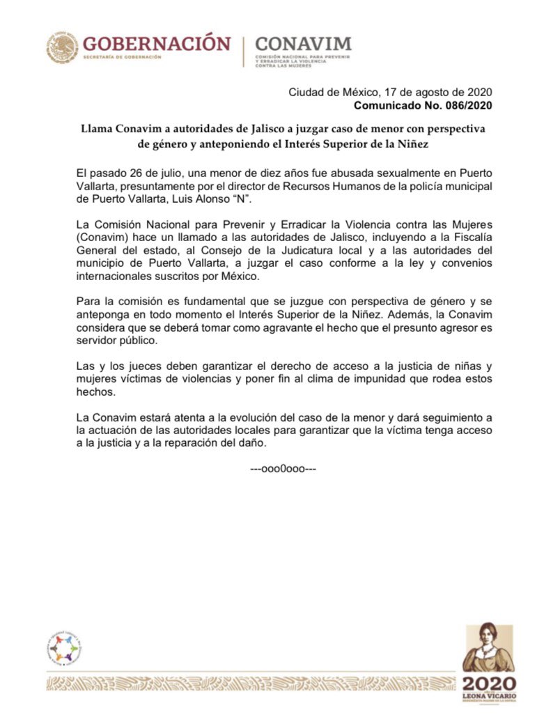 Conavim pide juzgar caso de menor de Vallarta con perspectiva de género