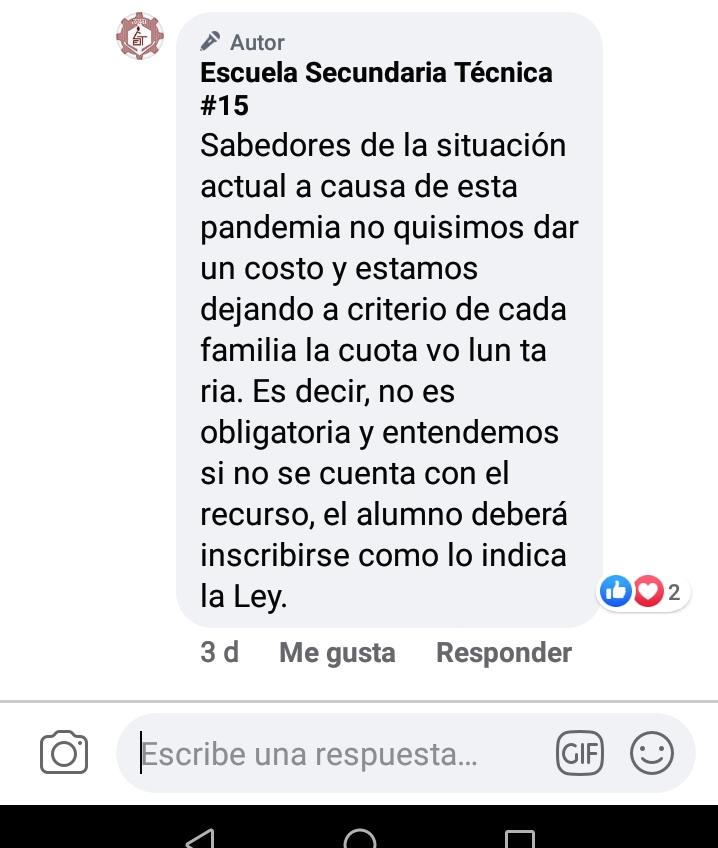 Cuota vo-lun-ta-ria de la secundaria #15 resultó ser de 600 pesos