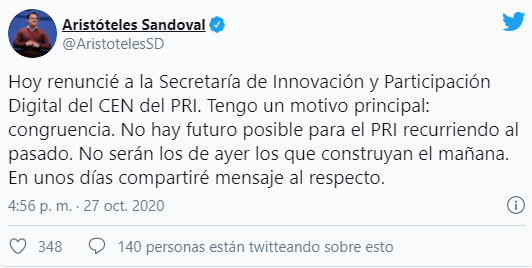 Aristóteles Sandoval renuncia al PRI; 'no hay futuro', dice 1 Aristóteles Sandoval renuncia al PRI; 'no hay futuro', dice