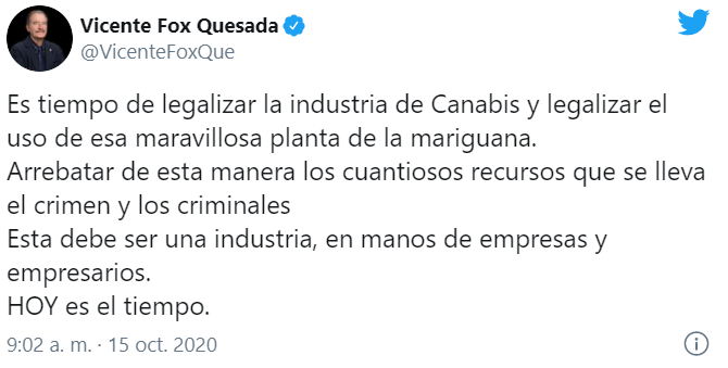 Fox asegura que es tiempo de legalizar la "maravillosa planta de la mariguana"