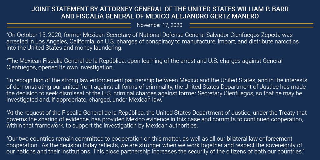 A petición de la FGR, EU se desiste de cargos contra Salvador Cienfuegos