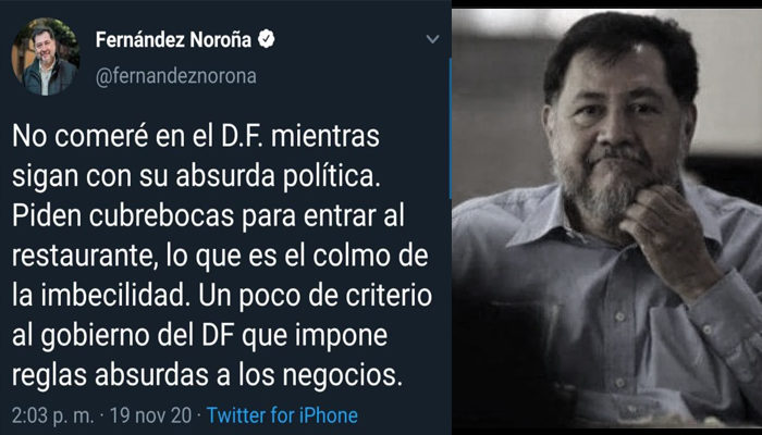 Ellos nos 'representan... Noroña insulta al gobierno de la CDMX por uso de cubrebocas