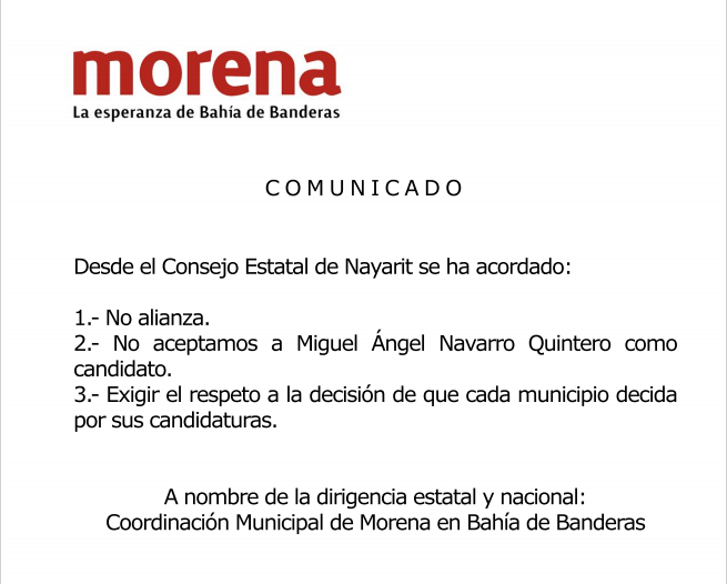 Morena en Bahía de Banderas no quiere alianzas ni a Navarro Quintero 1 Morena en Bahía de Banderas no quiere alianzas ni a Navarro Quintero