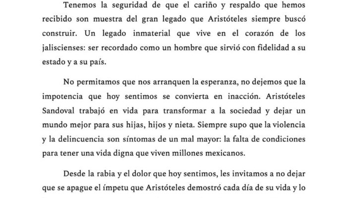 Agradece familia de Aristóteles Sandoval muestras de cariño
