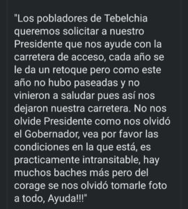 Pobladores de Tebelchía denuncian abandono del municipio