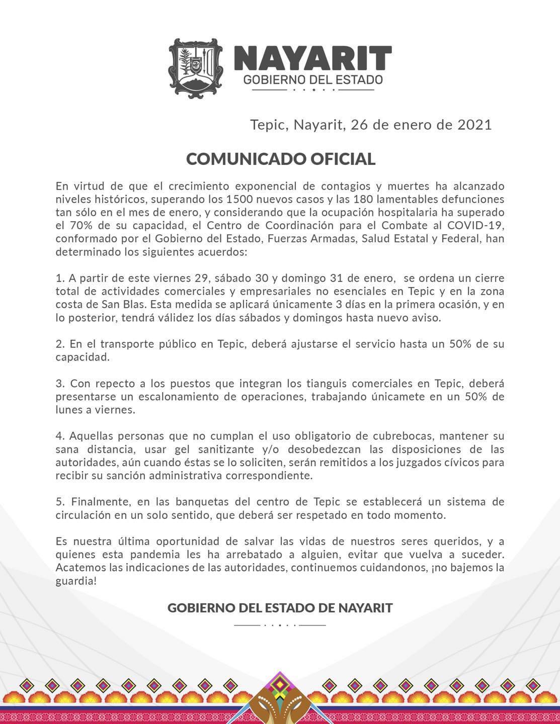 Anuncian medidas severas en Nayarit por incremento en casos de Covid-19