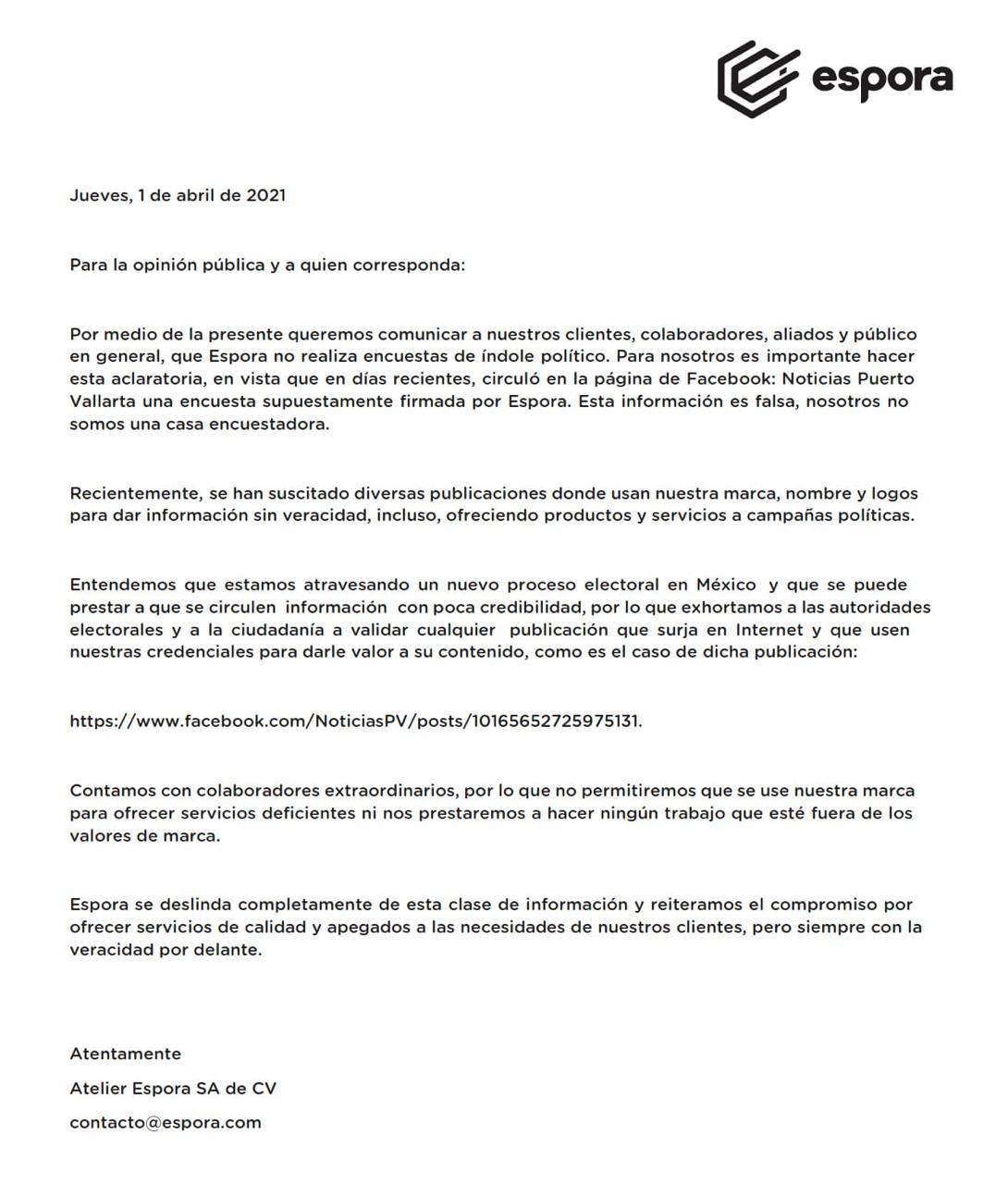 Espora se deslinda de encuesta con Munguía como segundo lugar