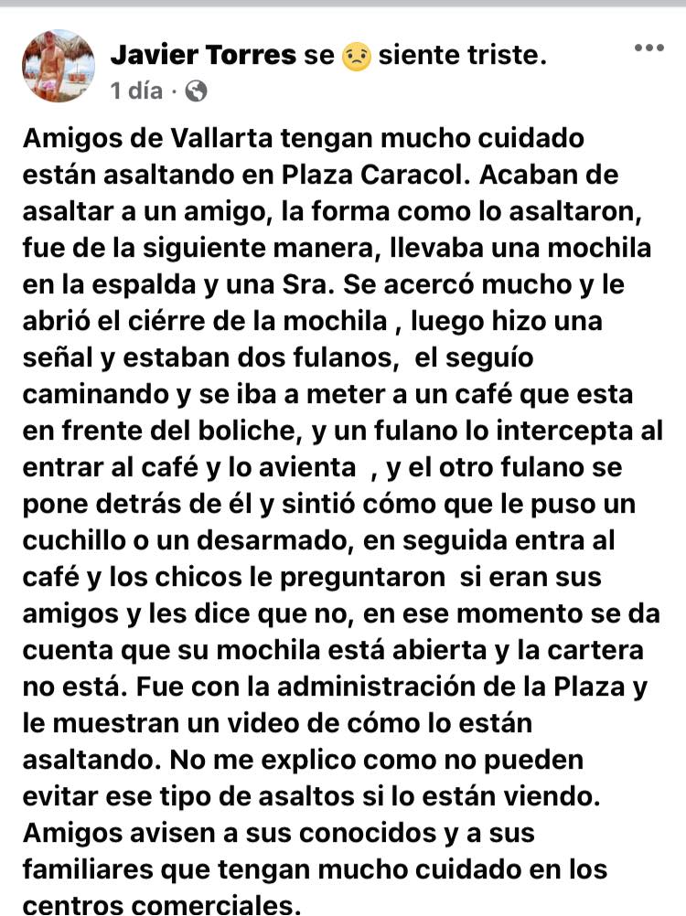 Advierten por asaltos en Plaza Caracol