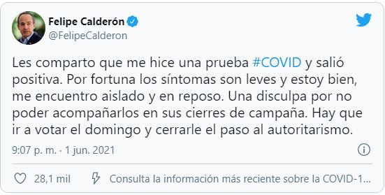 Felipe Calderón anuncia que dio positivo a Covid-19