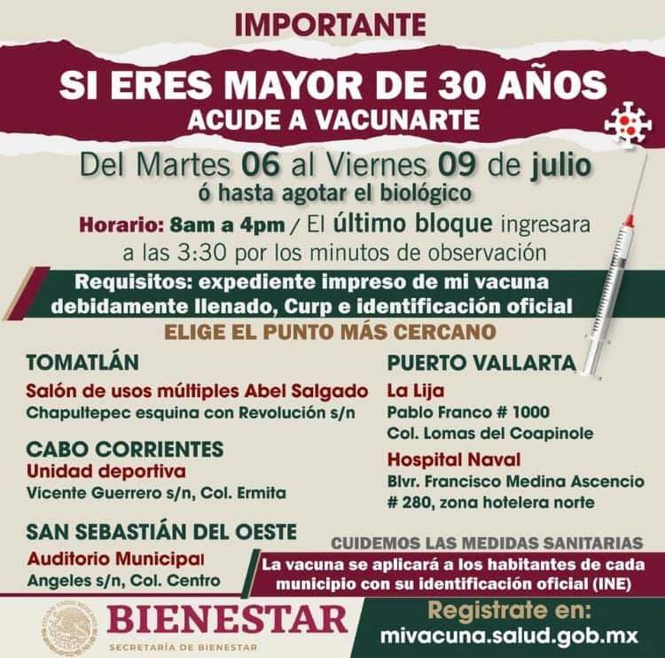 Vacunación para mayores de 30 inicia este martes en Vallarta