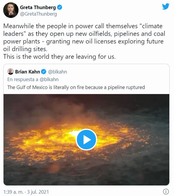 Greta Thunberg critica incendio en ducto de Pemex en Campeche