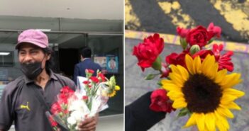 Padre regala flores afuera de Fiscalía CDMX porque encontraron a su hija desaparecida