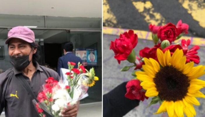 Padre regala flores afuera de Fiscalía CDMX porque encontraron a su hija desaparecida