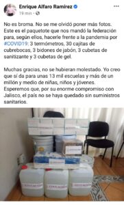 Alfaro sube a sus redes el "paquetote" que le mando la Federación para hacer frente al COVID