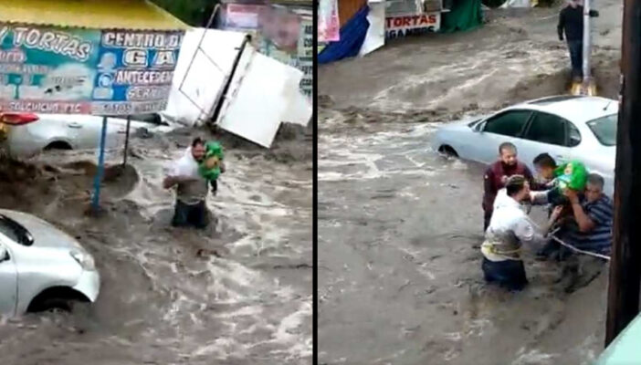 Civiles rescatan a un bebé durante las inundaciones en Ecatepec, Estado de México