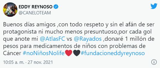 Eddy Reynoso donará 1 millón de pesos por cada gol del Atlas
