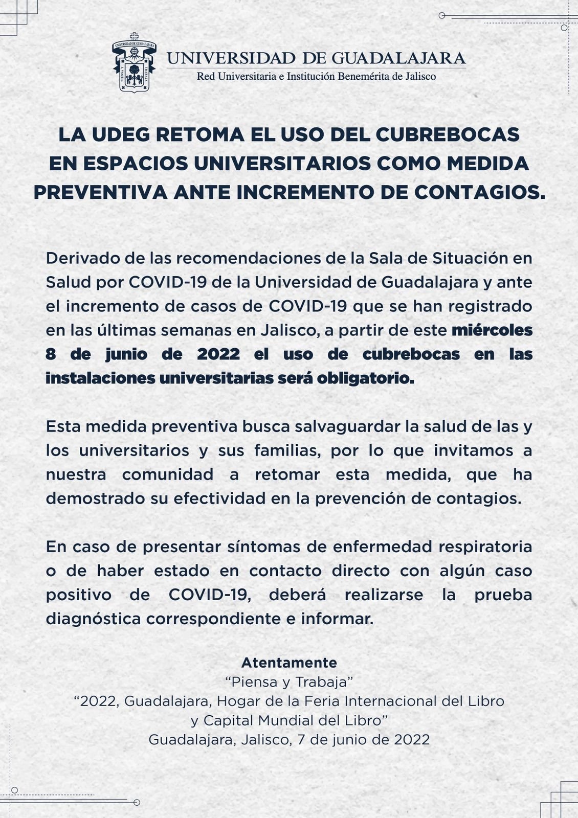 Regresa cubrebocas obligatorio a la Universidad de Guadalajara 1 Regresa cubrebocas obligatorio a la Universidad de Guadalajara
