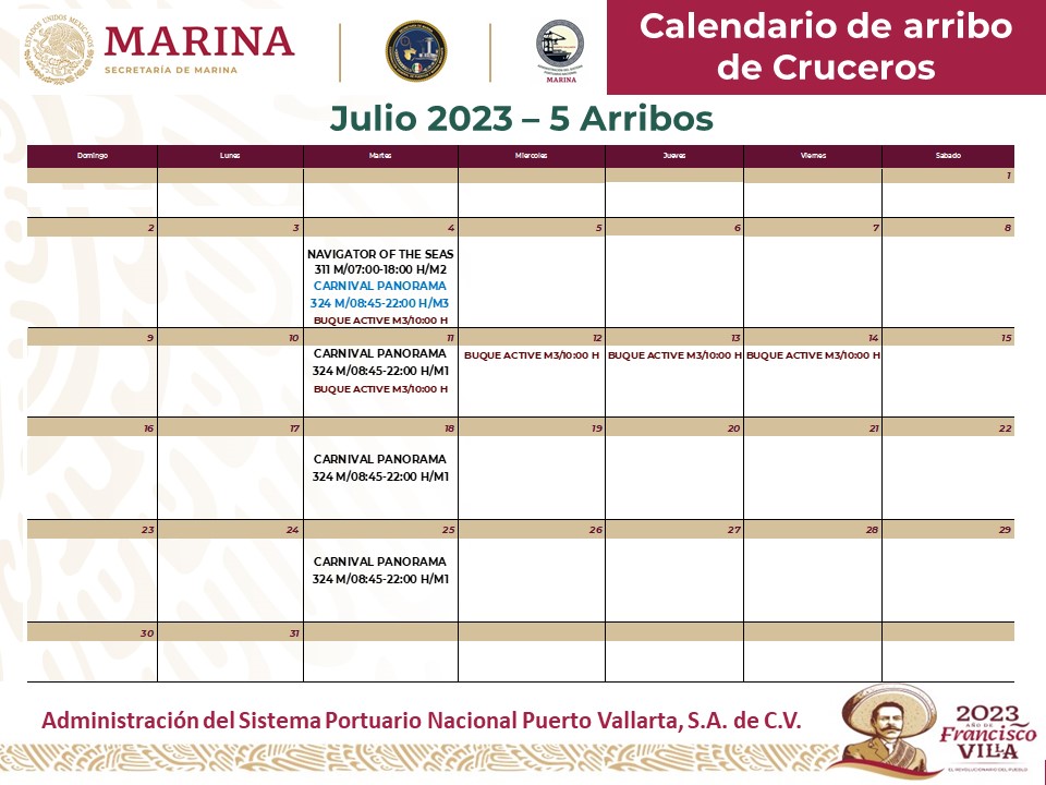 ¿Cuántos cruceros llegan a Puerto Vallarta en julio? 1 Este es el calendario de llegada de cruceros a Puerto Vallarta emitido por la Administración del Sistema Portuario Nacional de Puerto Vallarta