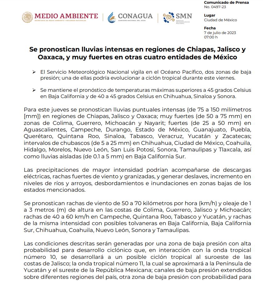 Ciclón "Calvin" puede desarrollarse cerca de las costas de Jalisco 1 comunicado smn sobre el ciclón tropical calvin
