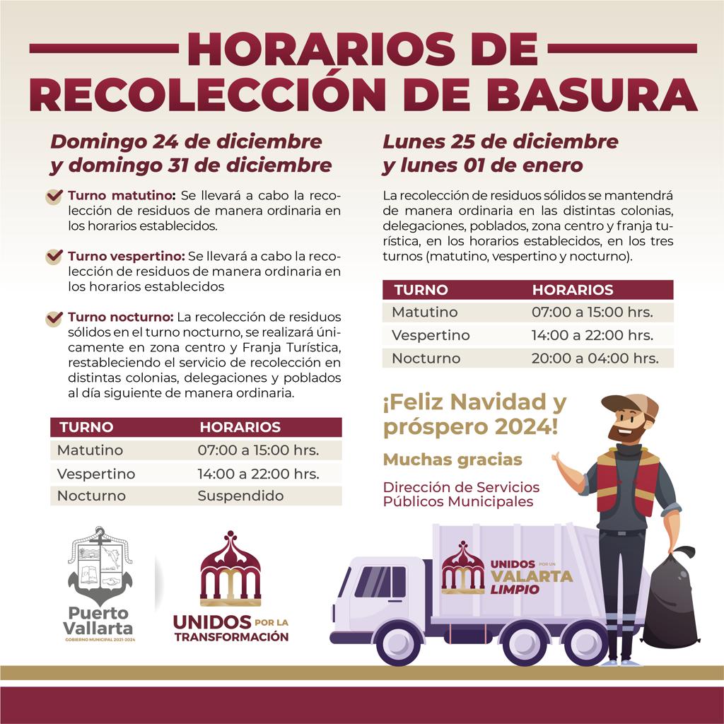 Recolección de basura para este 24 y 31 de diciembre con turno nocturno suspendido en Vallarta