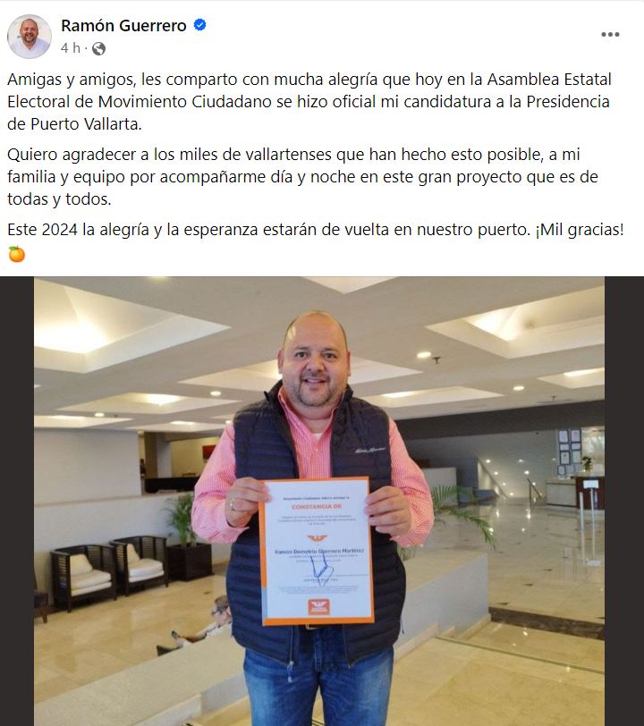 Oficializan a Ramón Guerrero como candidato de MC a la alcaldía de Puerto Vallarta
