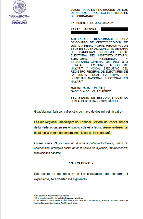 Desecha Tribunal Electoral juicio de protección de derechos políticos de Mirtha