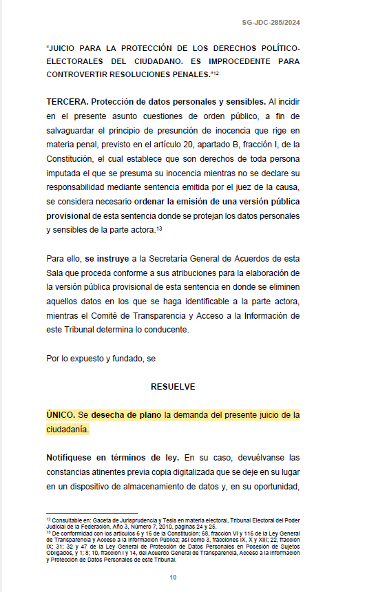 Desecha Tribunal Electoral juicio de protección de derechos políticos de Mirtha