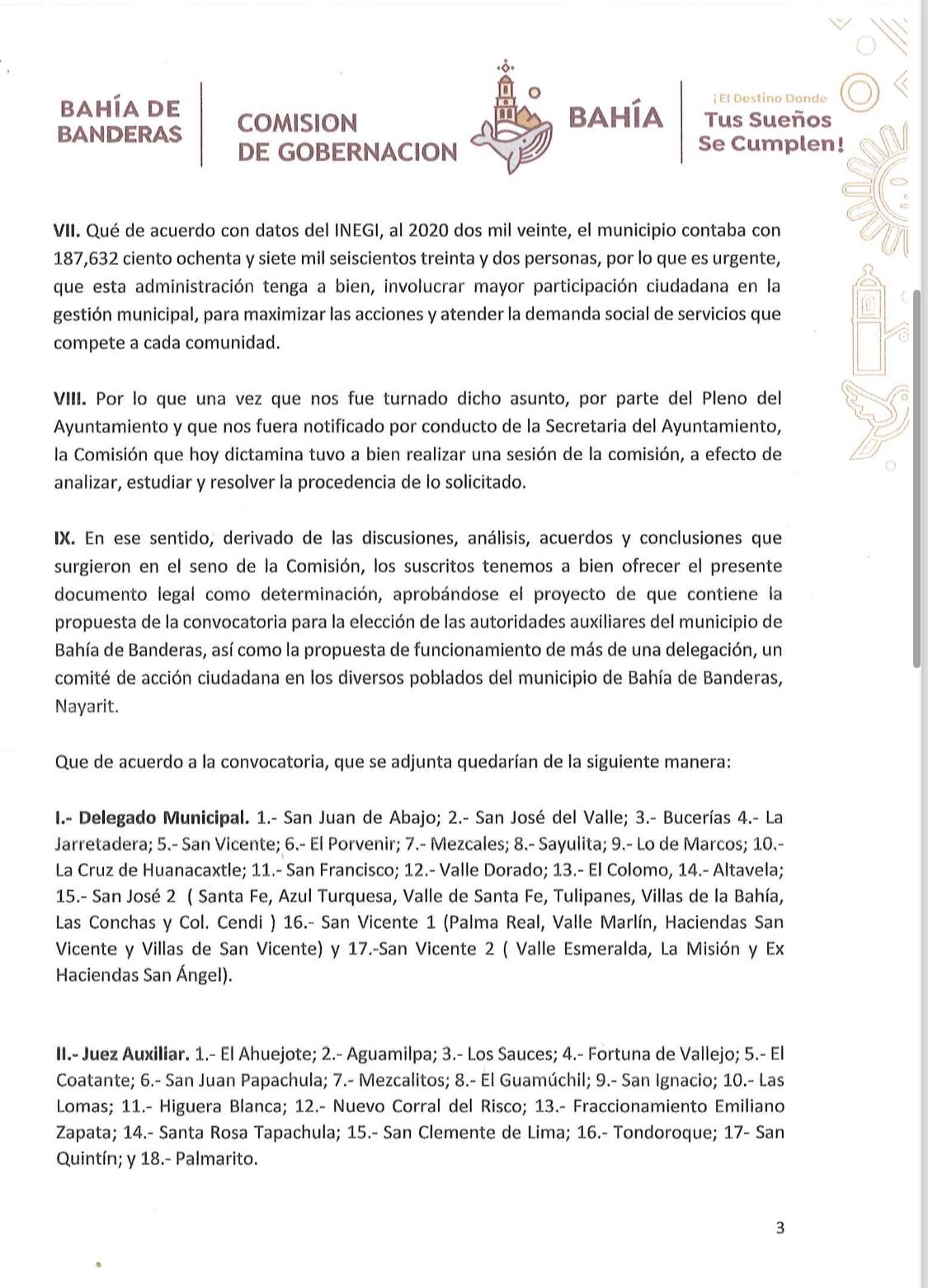 Documento sobre la propuesta para crear dos nuevas delegaciones en Bahía de Banderas. 