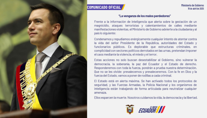 Ecuador en alerta máxima: aseguran que buscan atentar contra la vida de Noboa.