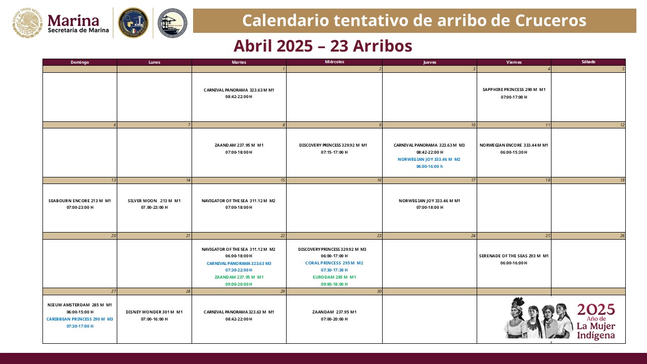 Calendario tentativo de arribo de cruceros de la Secretaria de Marina.