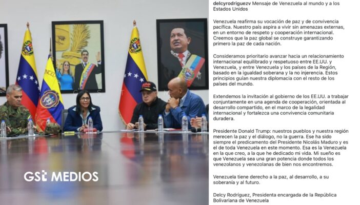 Delcy Rodríguez llama a la paz y al diálogo con Trump tras detención de Maduro