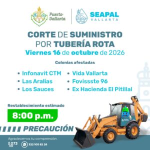 Denuncian derrame de agua potable en la colonia Las Aralias; Seapal Vallarta inicia reparación 1 Aviso Seapal Vallarta